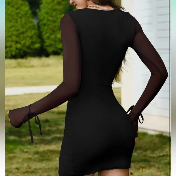 HYPERFIRE Women's Mesh Long Sleeve Square Neck Split Hem Bodycon Mini Dress - Picture 3 of 4